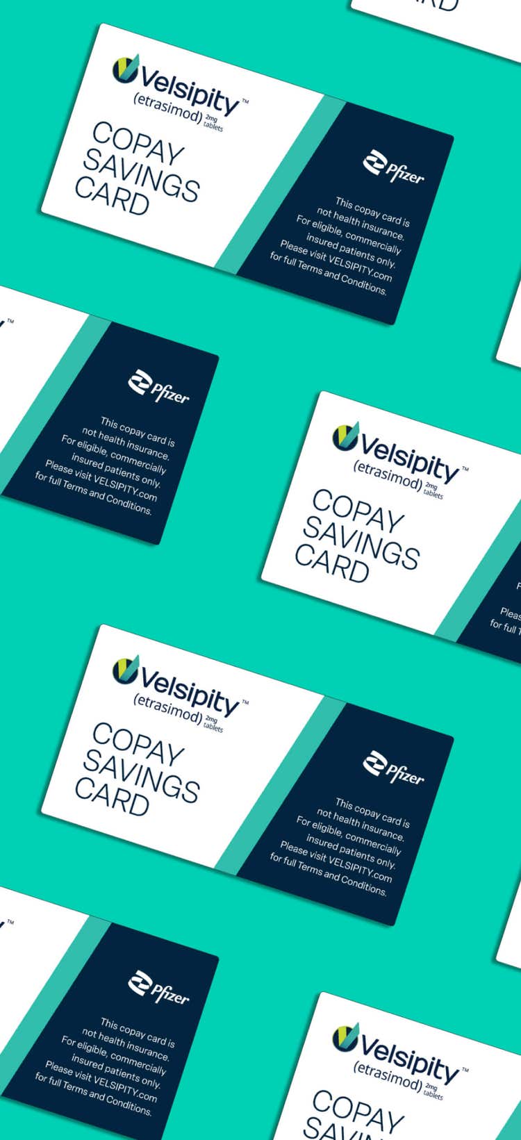A Pfizer Velsipity co-pay savings program membership card.